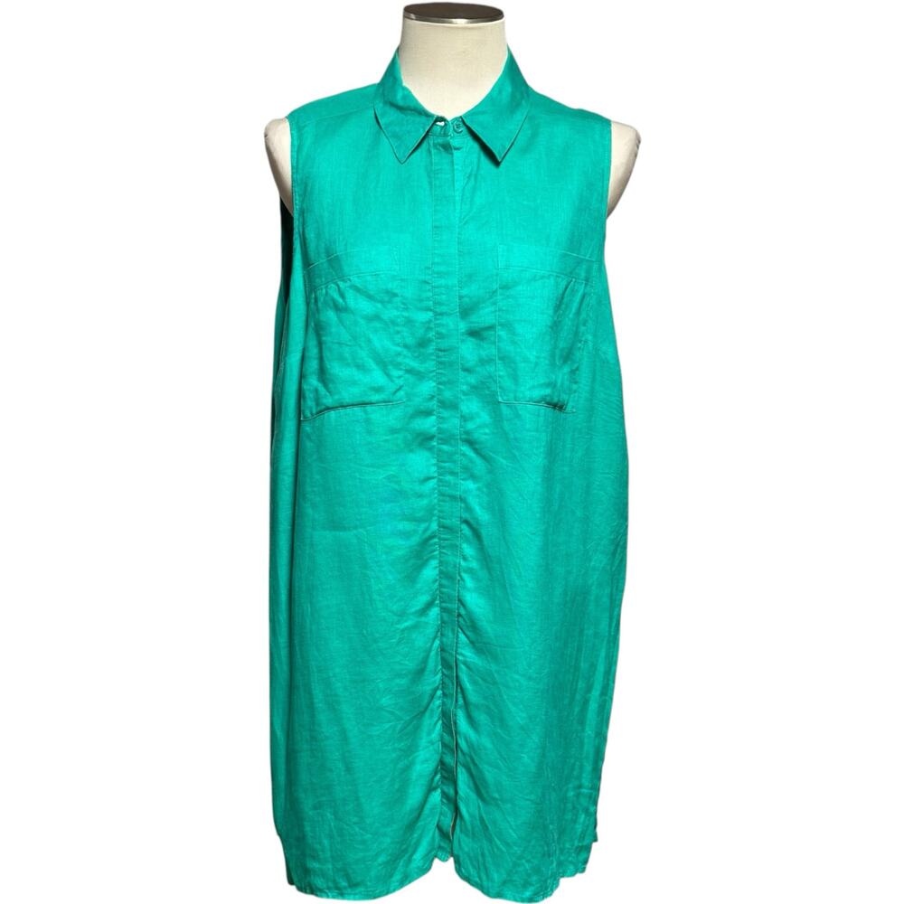 Chicos Linen Sleeveless Button Up Side Slit Blouse Top Green 3 / XL